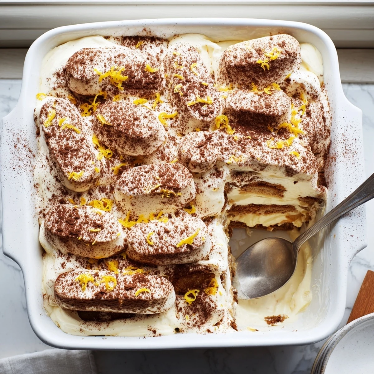 Homemade Earl Grey tiramisu served in white glass dish with lemon zest garnish