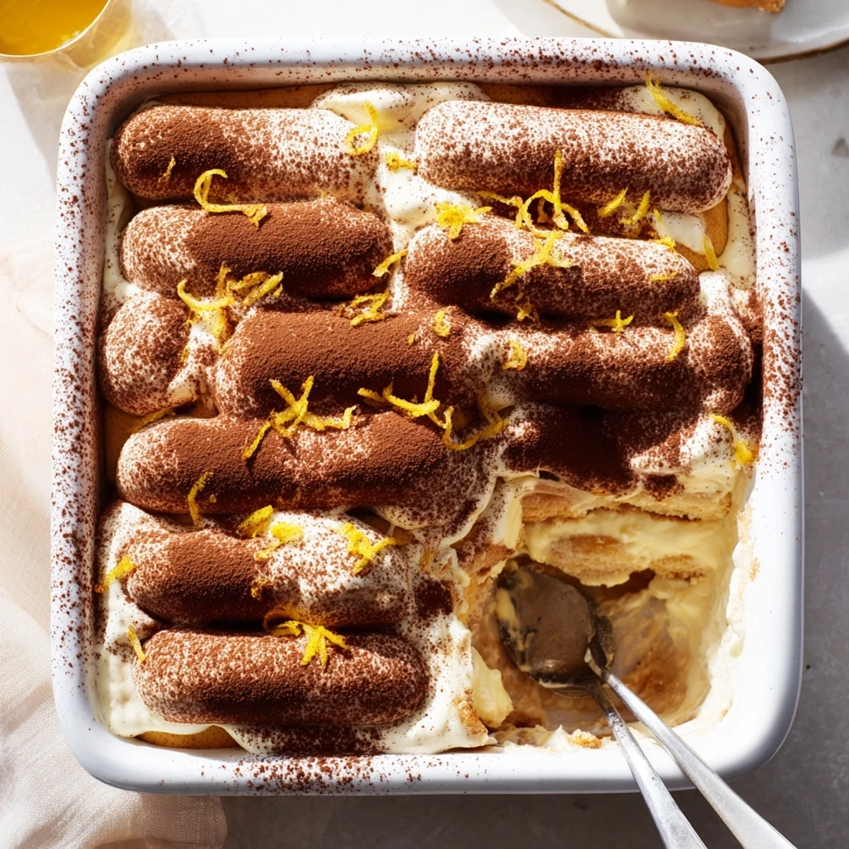 Elegant Earl Grey tiramisu dessert with bergamot-infused mascarpone and dark chocolate topping