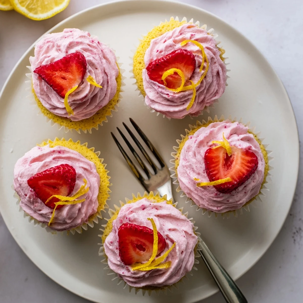 Light and fluffy lemon cupcakes baked to golden perfection, crowned with luscious homemade strawberry buttercream and a sprinkle of lemon zest on a rustic wooden board.
