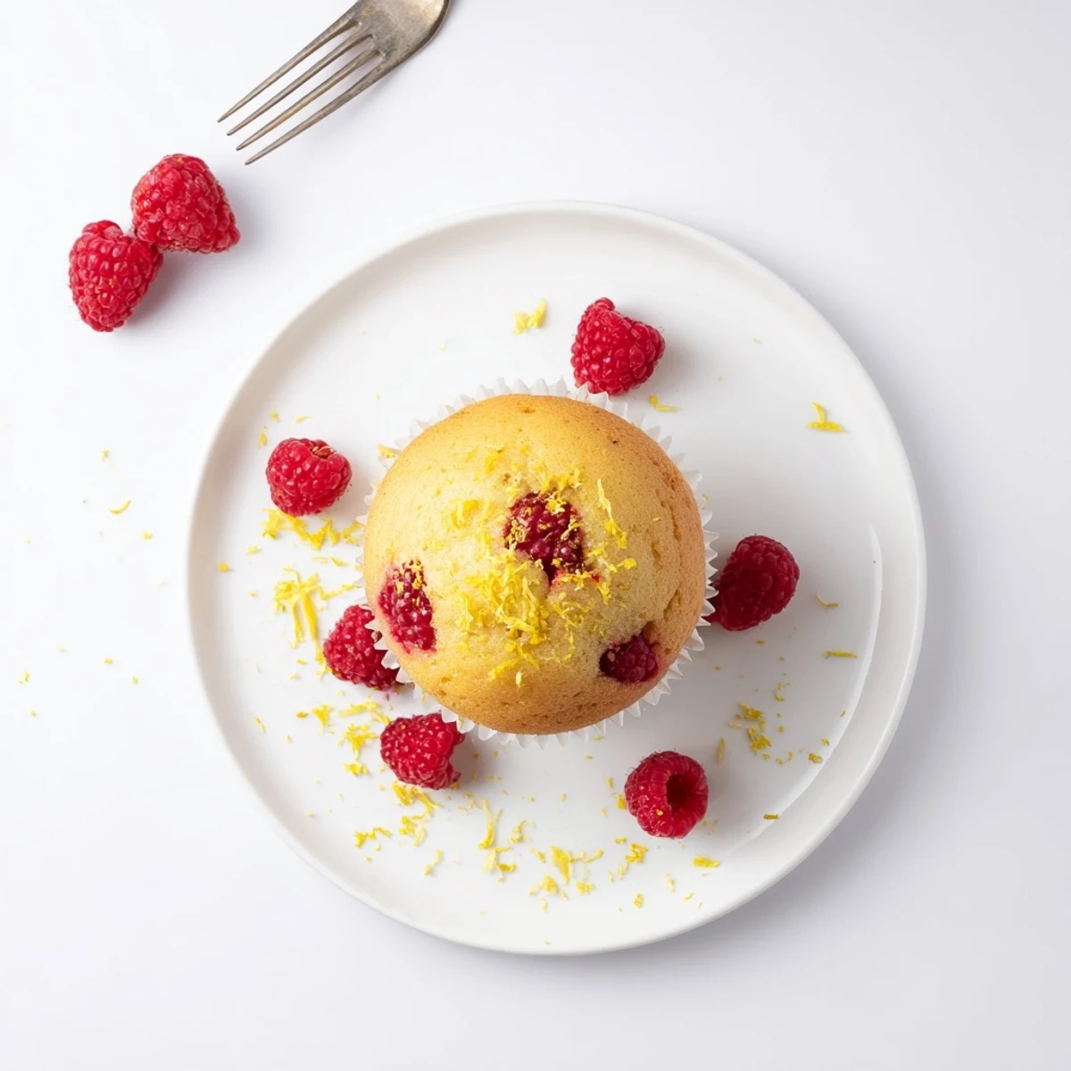 Golden lemon raspberry muffins with fresh berries peeking through a crumbly textured breakfast treat