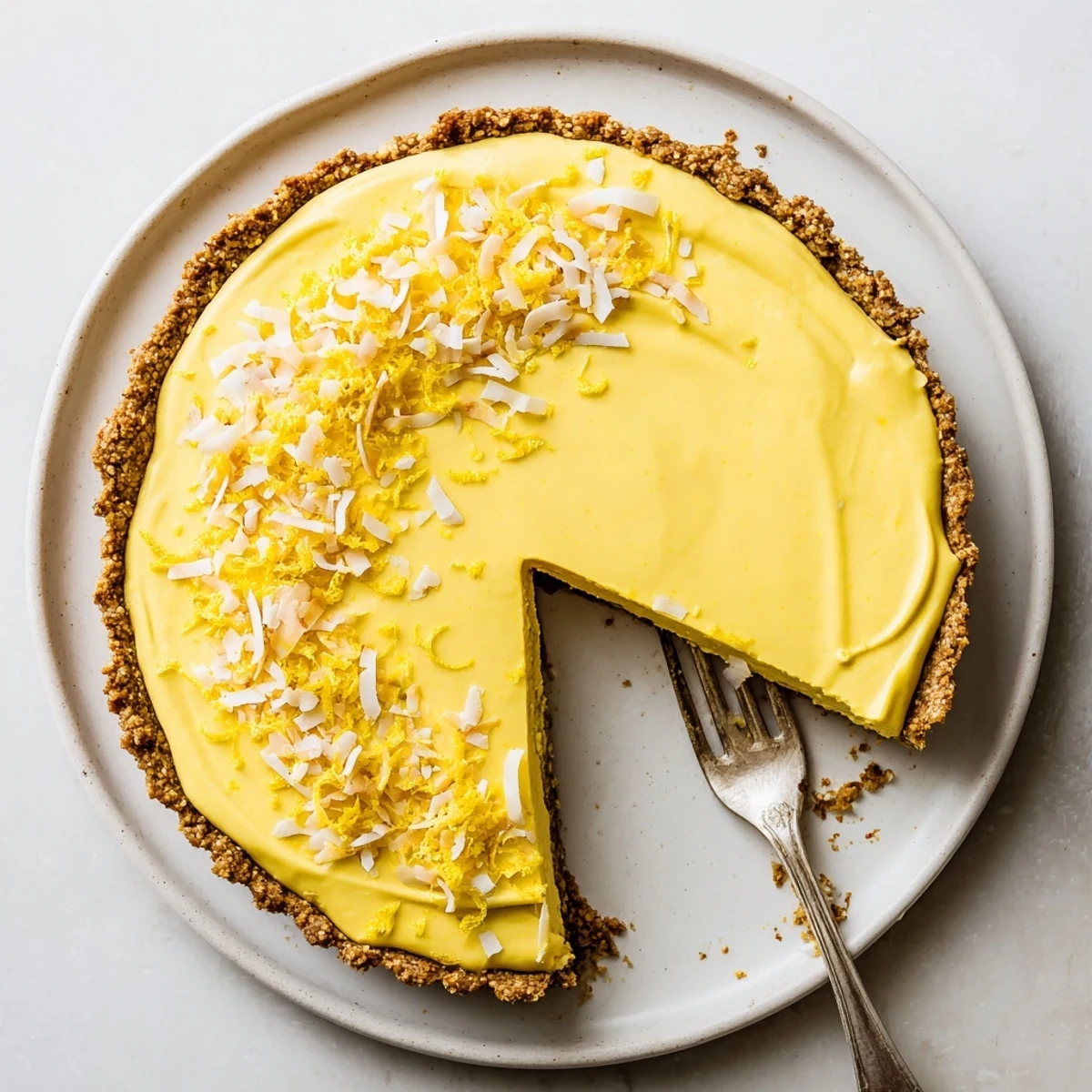 Creamy no bake vegan lemon tart with golden crust and fresh lemon zest garnish on white plate