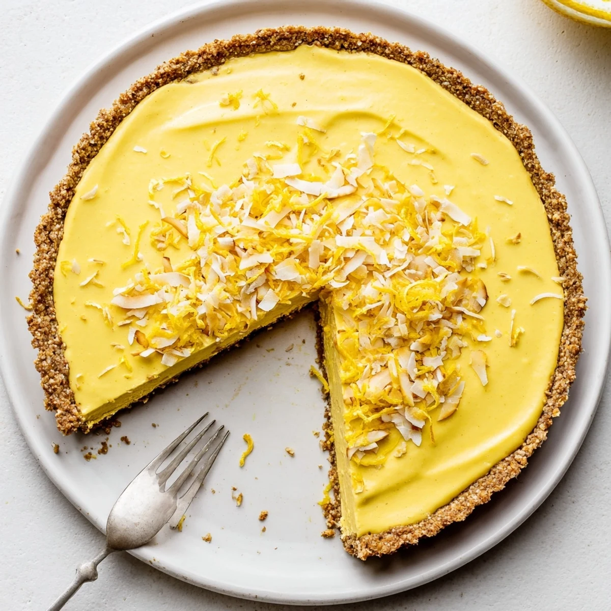 Sliced vegan lemon tart showing smooth cashew filling and crunchy nutty oat crust, dusted with coconut