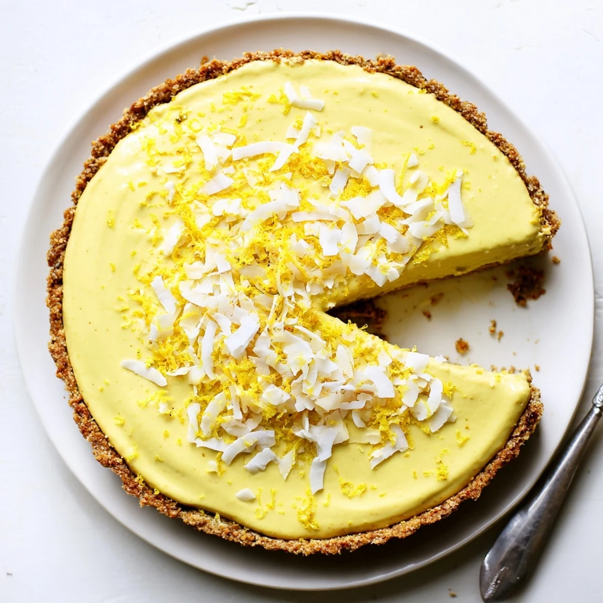 Whole no bake lemon tart with vibrant yellow creamy filling and nutty base, topped with fresh berries