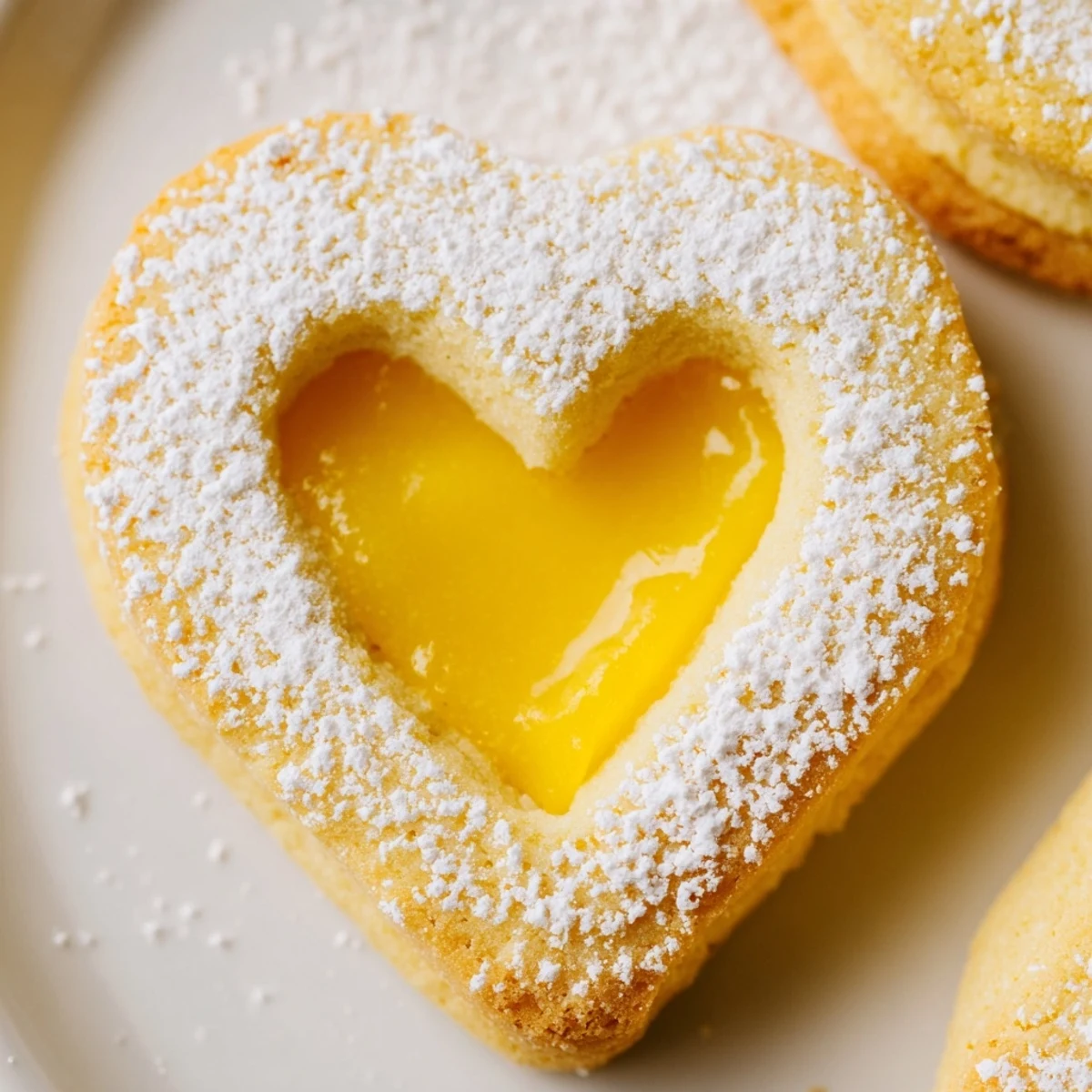 Golden Meyer lemon curd sandwich cookies with powdered sugar dusting on white plate