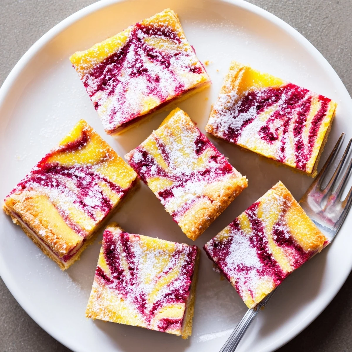Freshly baked lemon raspberry swirl bars cut into neat squares with powdered sugar dusting on flaky golden base