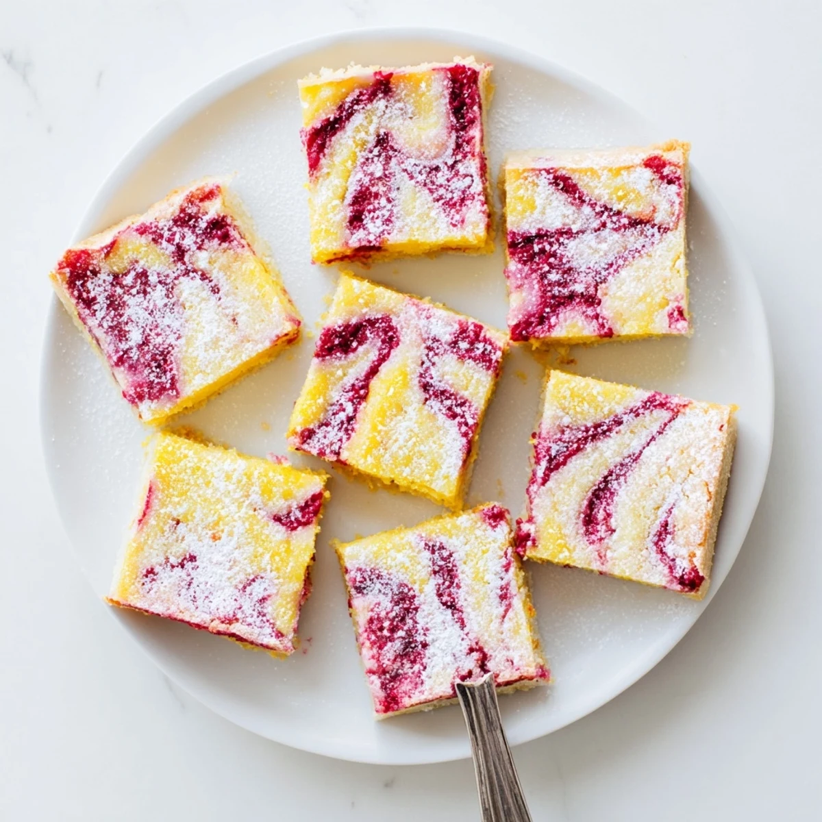 Golden lemon raspberry swirl bars with vibrant red ribbons swirled into tangy yellow filling atop buttery shortbread crust