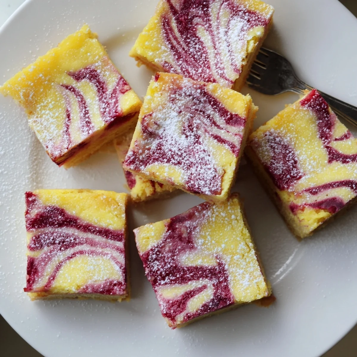 Close-up of lemon raspberry swirl bars showing marbled raspberry patterns through bright lemon curd on crumbly shortbread layer
