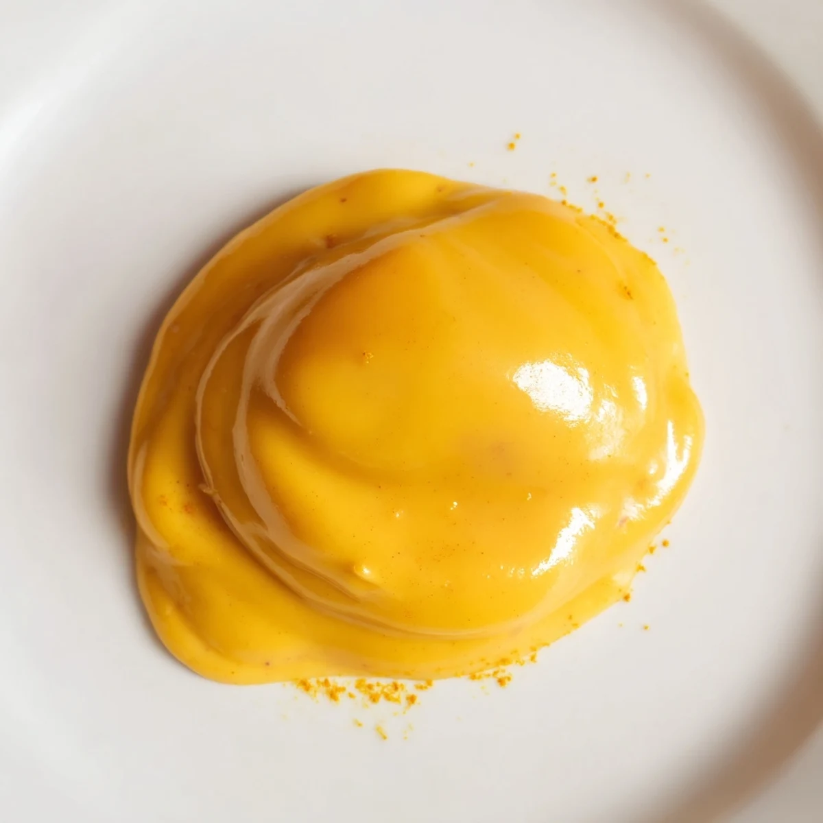 Golden easy vegan mango curd swirled into a white ceramic bowl with fresh mango chunks