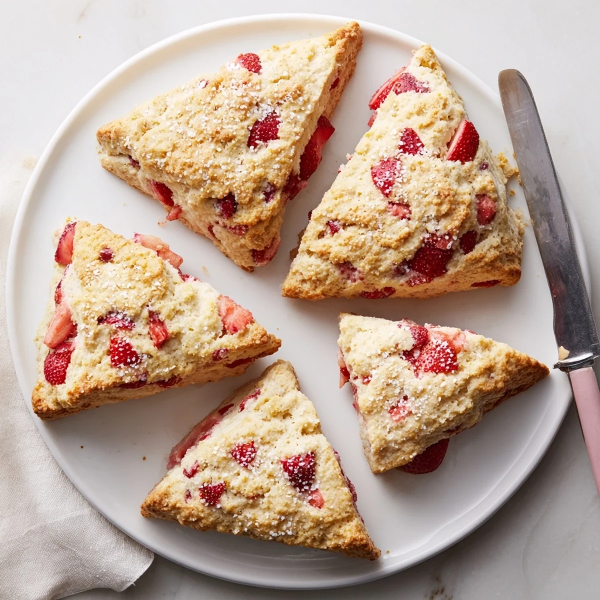 Golden homemade strawberry scones scattered with coarse sugar on a parchment-lined baking sheet