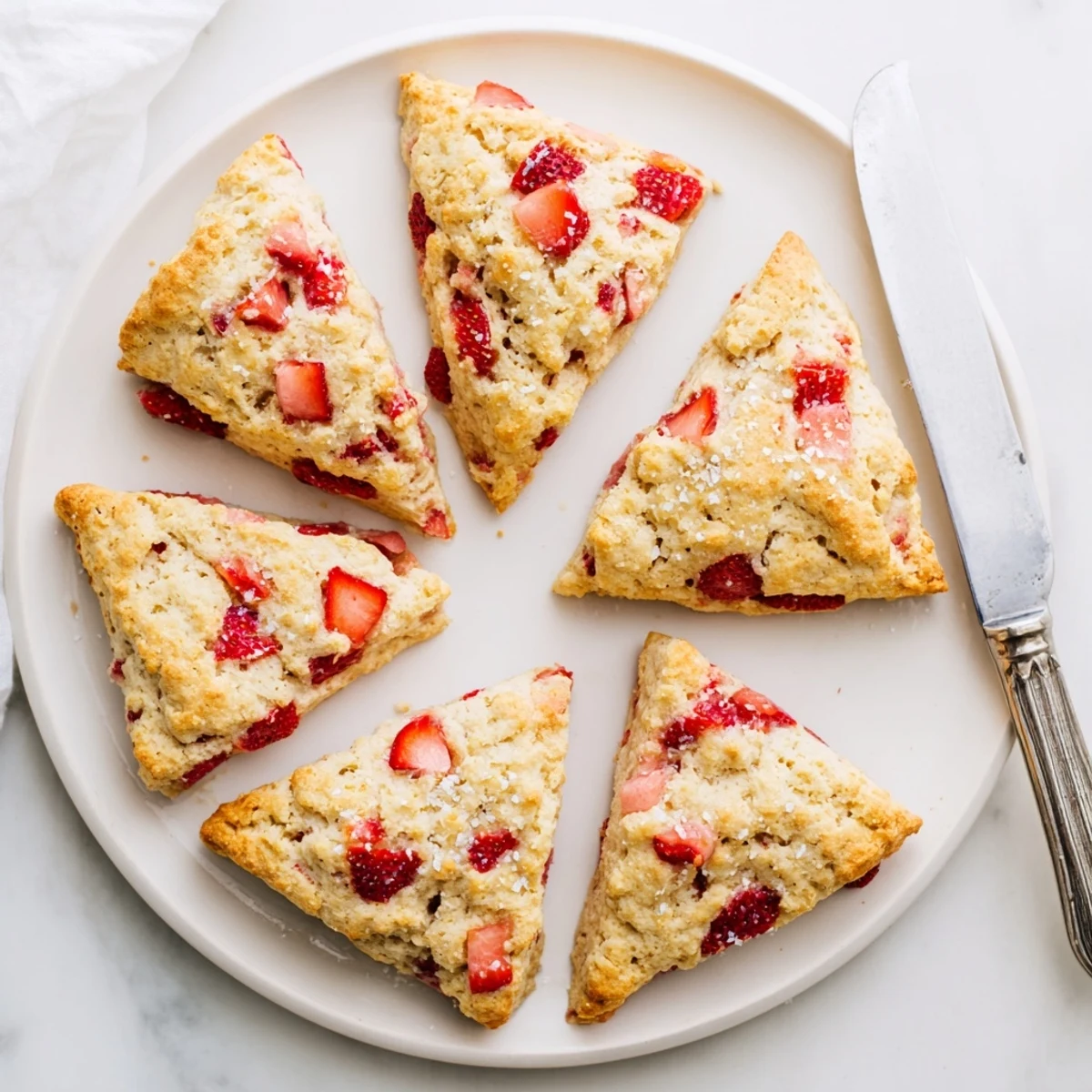 Tender triangular strawberry scones with visible red berry pieces and buttery golden edges