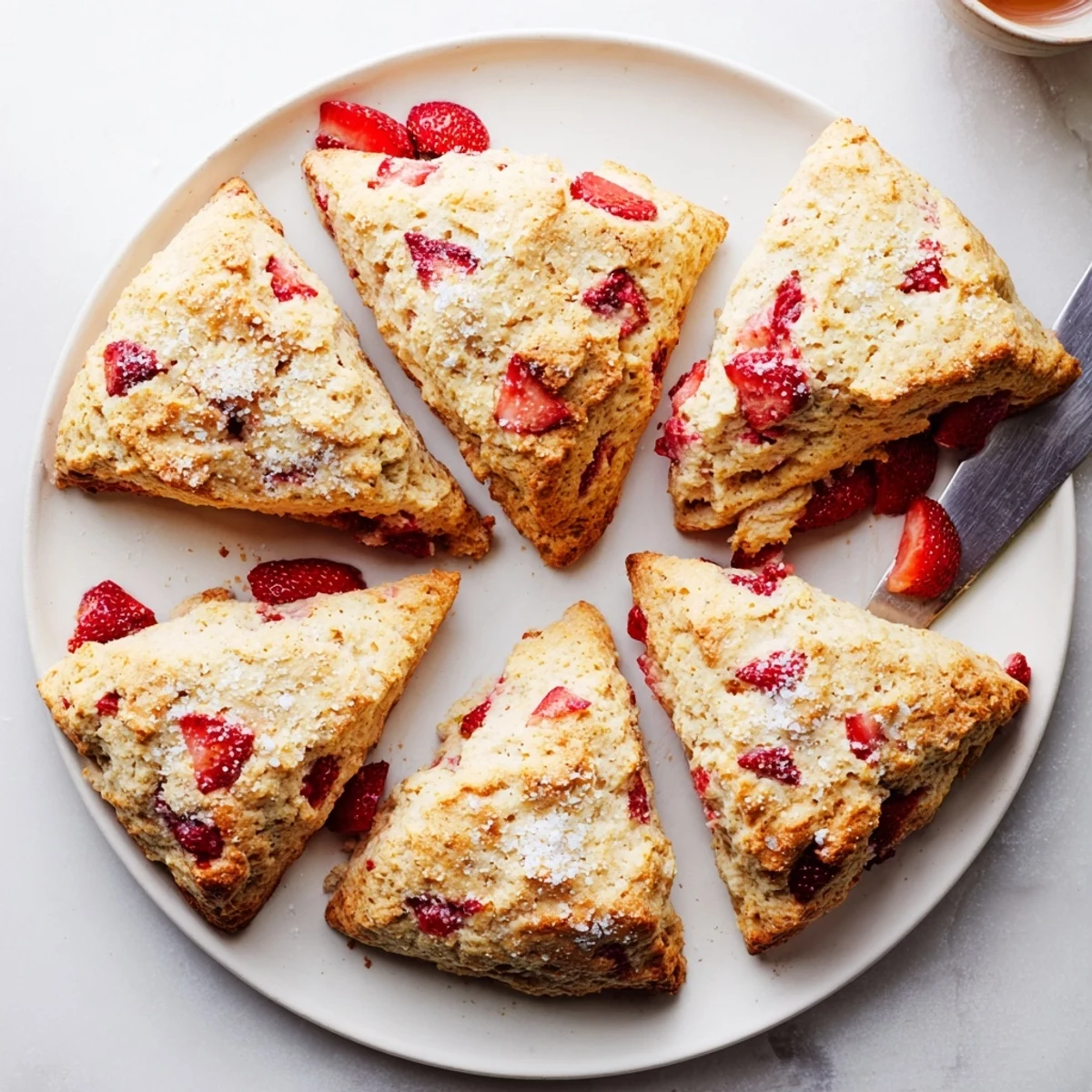 Fresh strawberry scones brushed with cream and baked until lightly golden on a wire rack