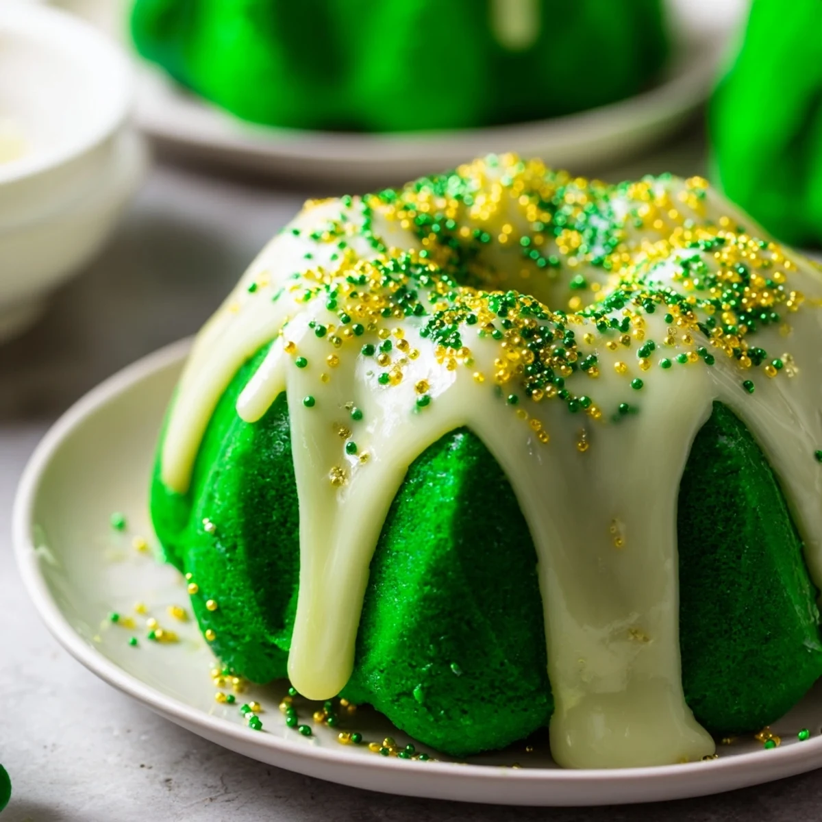 Moist green velvet mini bundt cakes topped with creamy vanilla glaze and festive sprinkles