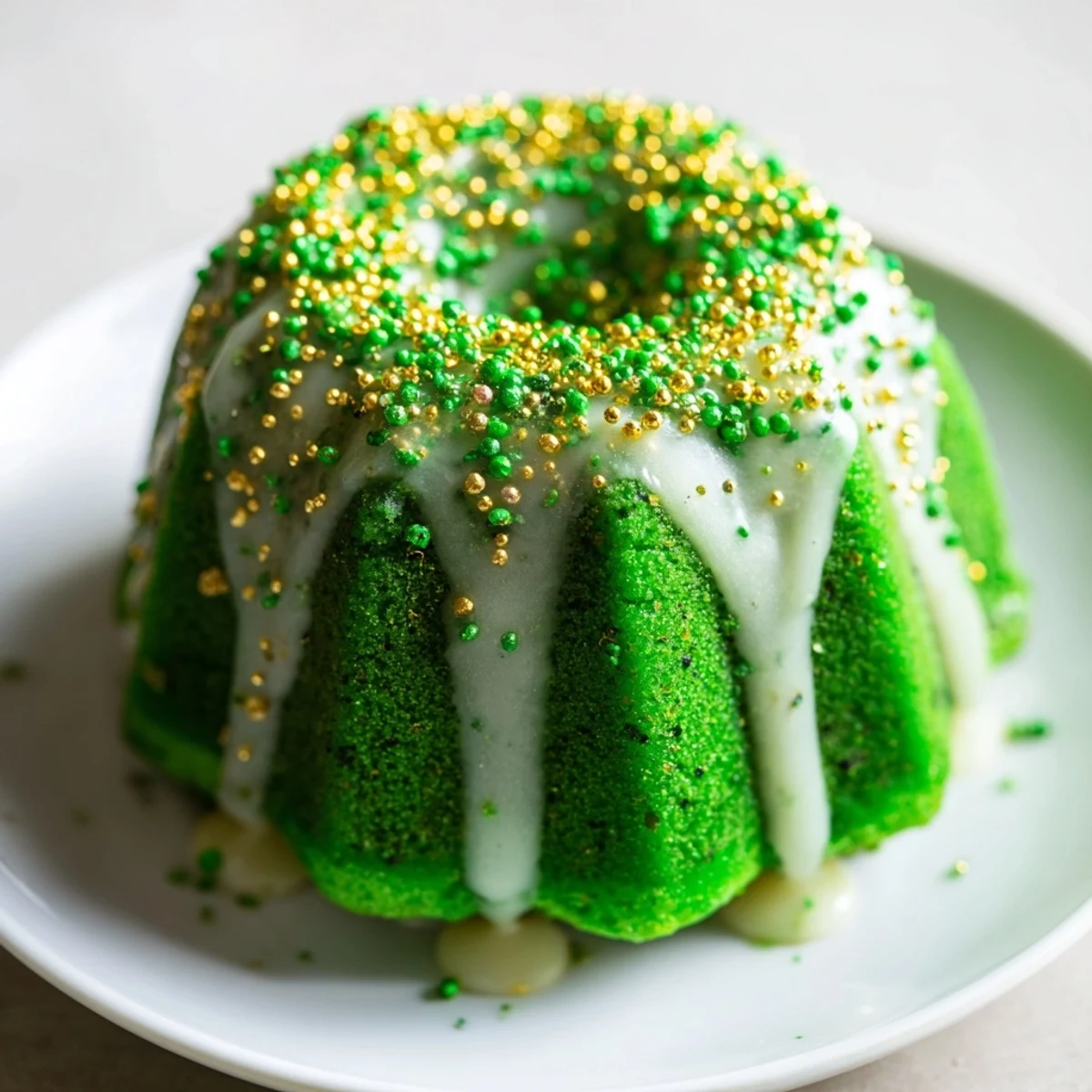 St. Patricks Day green velvet mini bundt cakes with drizzled vanilla icing and gold decorations