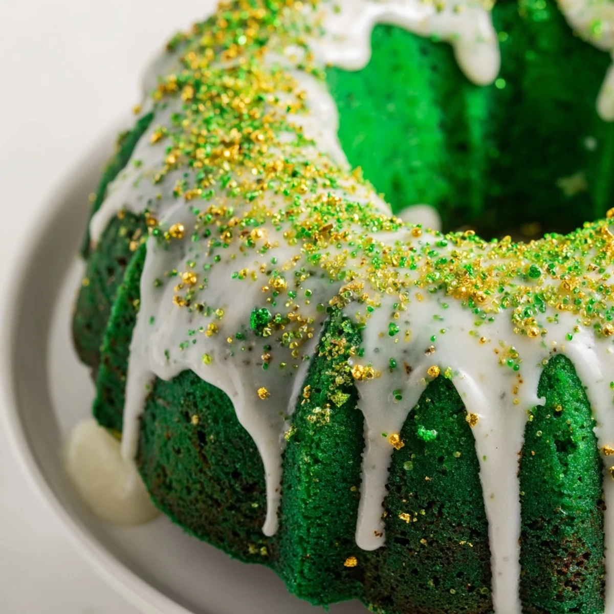 Vibrant green velvet mini bundt cakes with smooth vanilla glaze and colorful holiday sprinkles