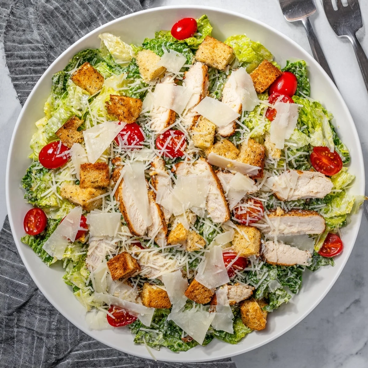 Golden grilled chicken slices atop crisp romaine lettuce with homemade Caesar dressing and crunchy croutons in a white bowl