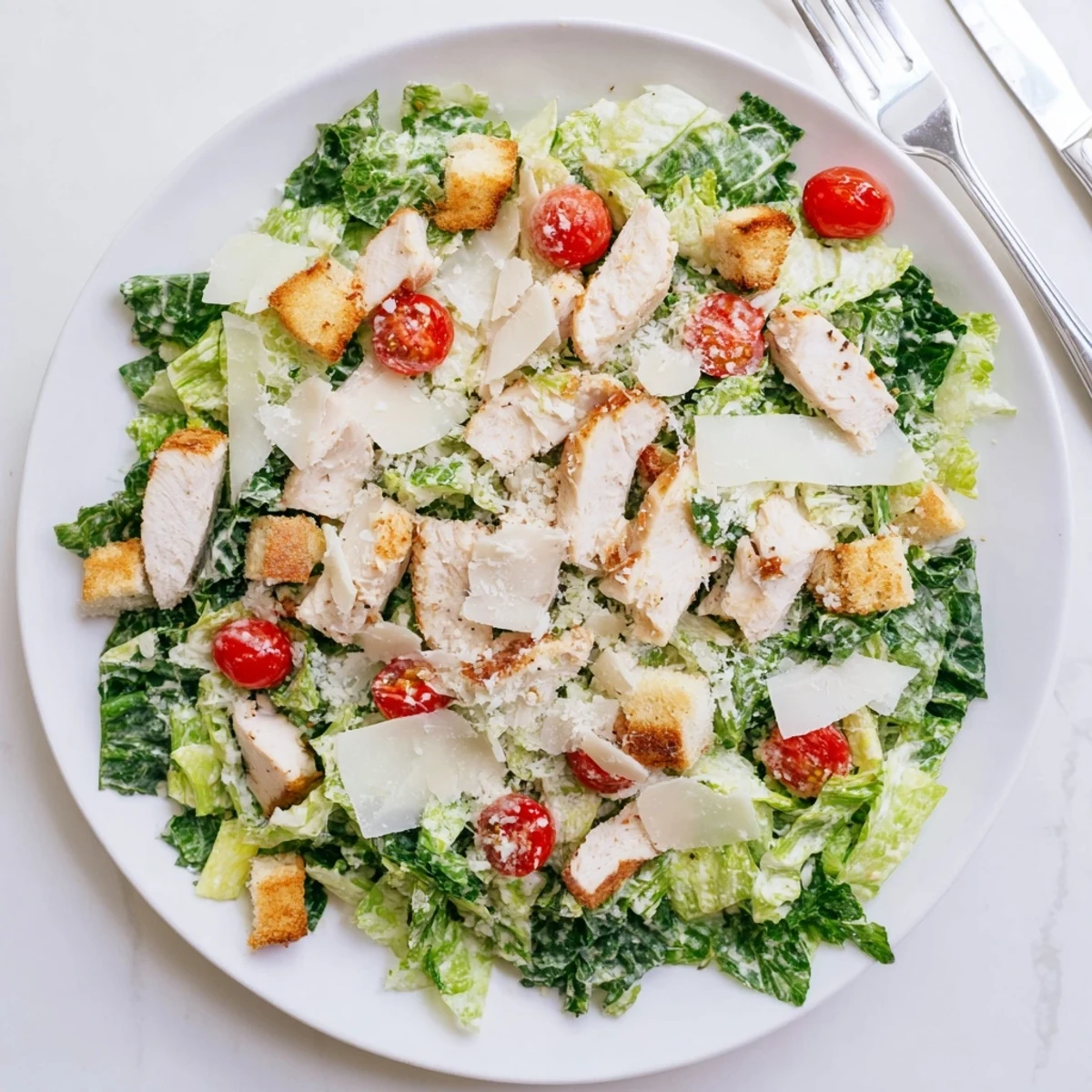 Best chicken Caesar salad featuring juicy seasoned chicken breast, fresh chopped romaine, shaved Parmesan and creamy dressing on a rustic wooden table