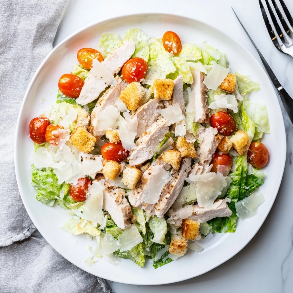 Classic Caesar salad bowl with tender grilled chicken strips, vibrant green lettuce, cherry tomatoes and golden croutons drizzled with rich dressing