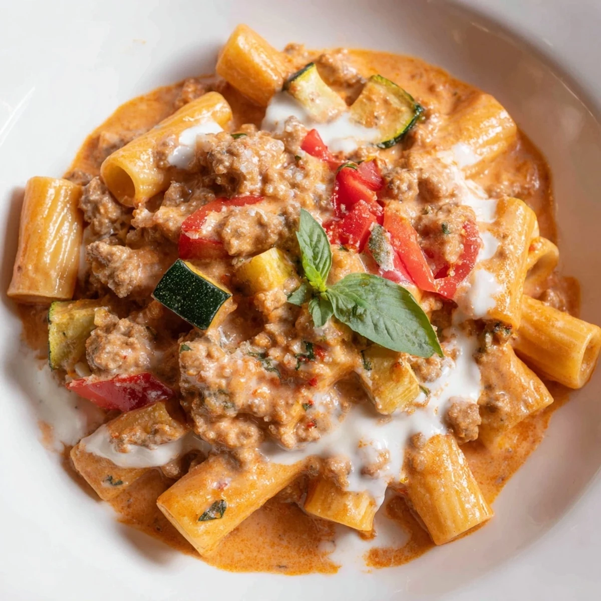 Steaming one pot sausage pasta with penne in creamy tomato sauce and fresh basil garnish