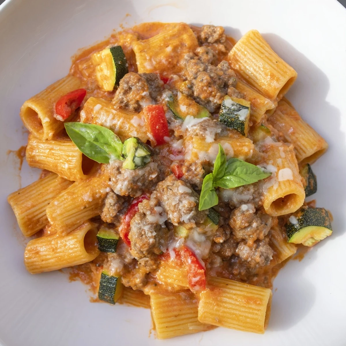 Comforting one pot sausage pasta dish with penne, tomatoes, and zucchini in rich red sauce