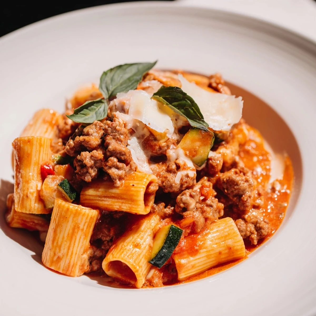 Rustic Italian sausage pasta bubbling in a single skillet with melted Parmesan and tender vegetables
