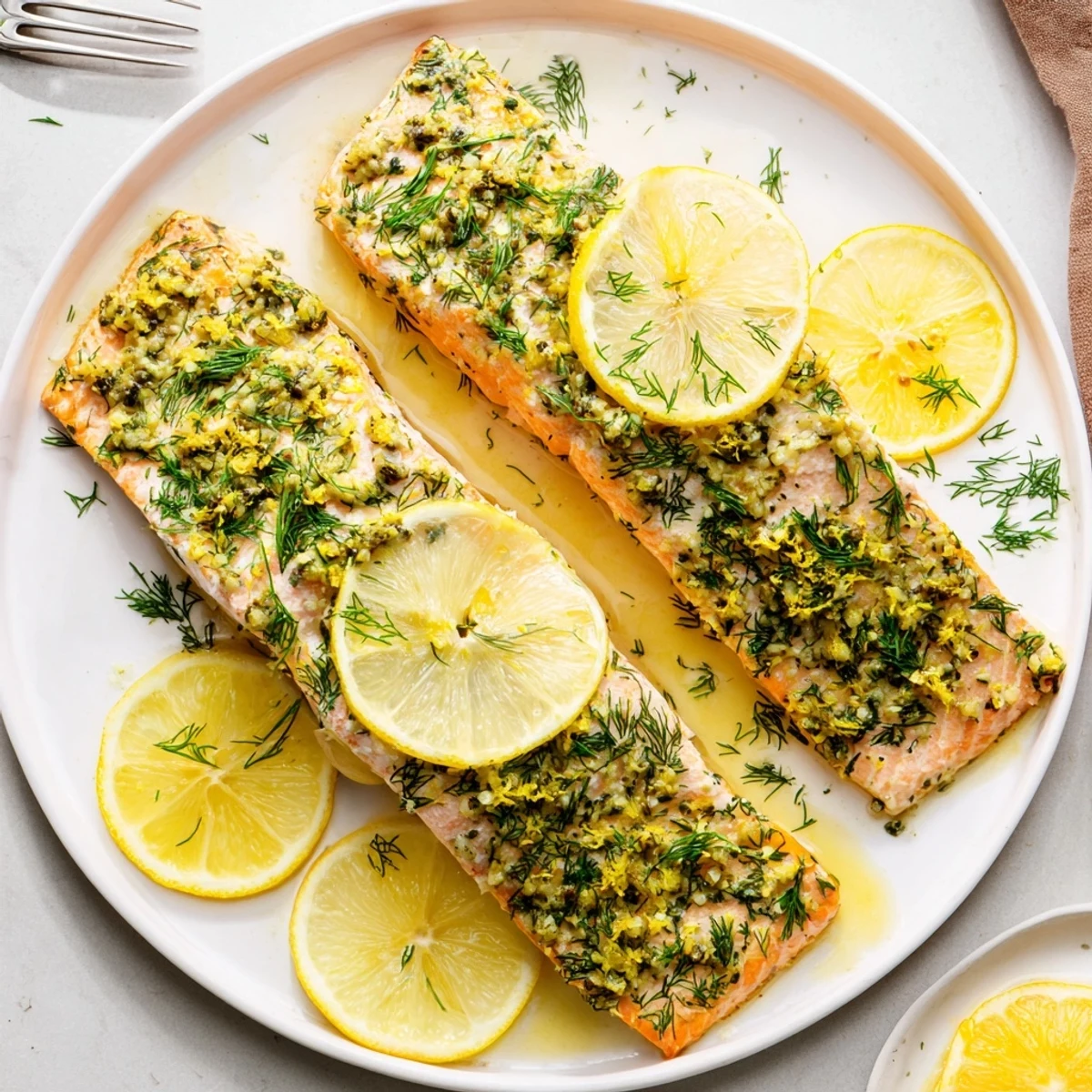 Golden baked salmon fillet topped with fresh dill and bright lemon slices on a white plate