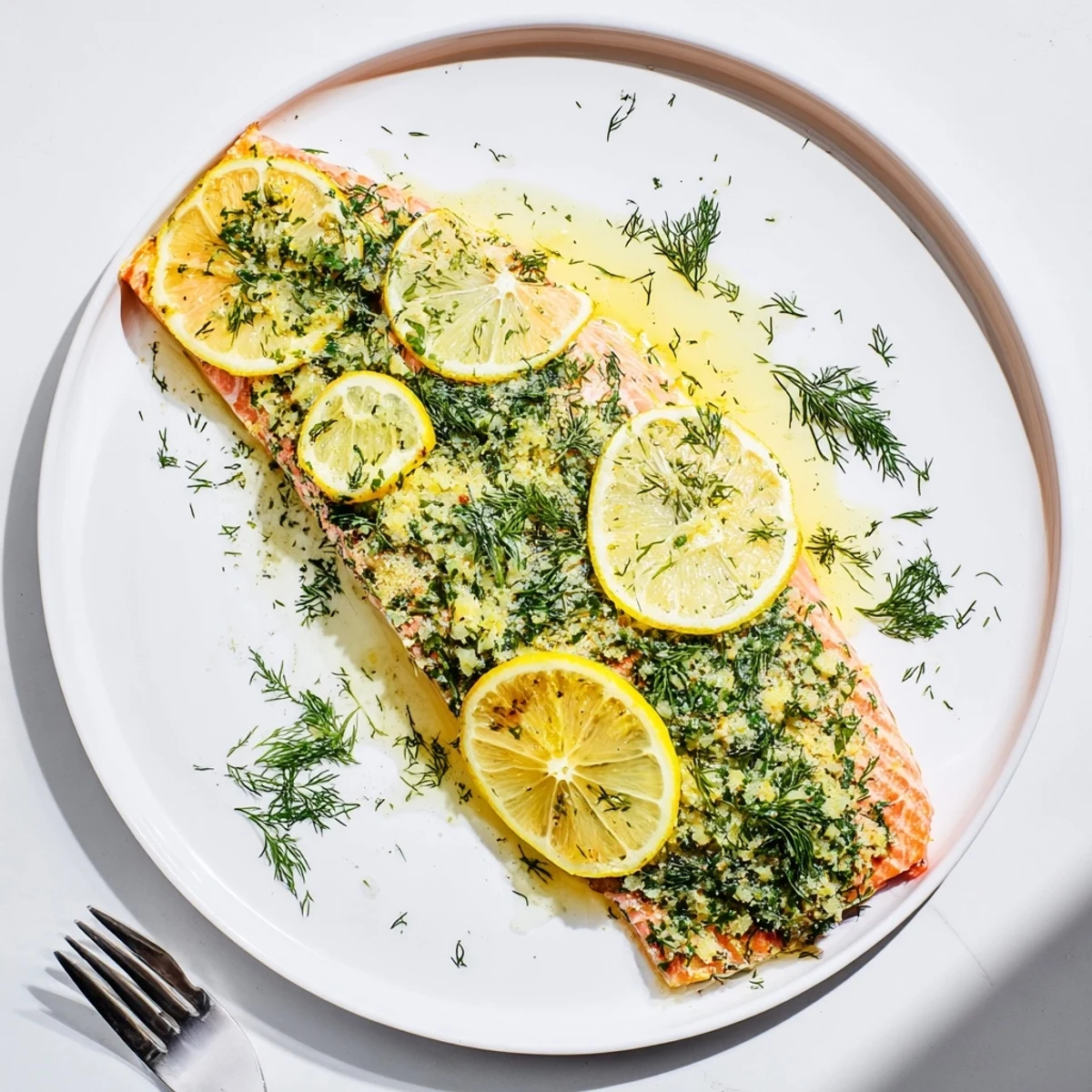 Flaky dill and lemon baked salmon with herb garnish served alongside steamed seasonal vegetables