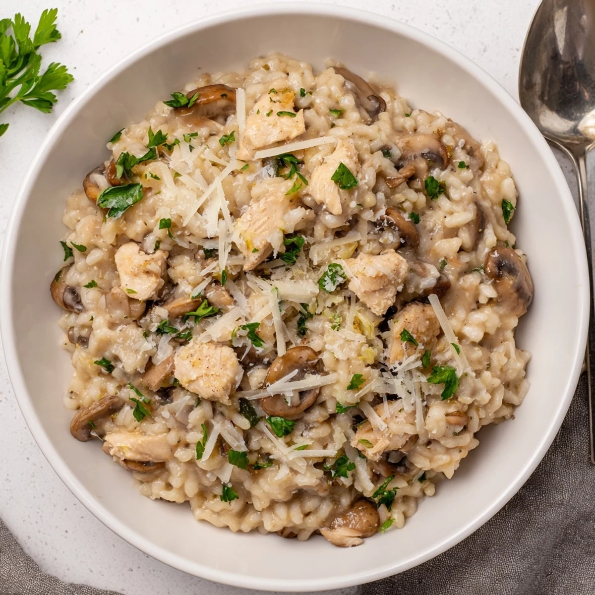 Creamy chicken and mushroom baked risotto topped with fresh parsley and grated Parmesan cheese