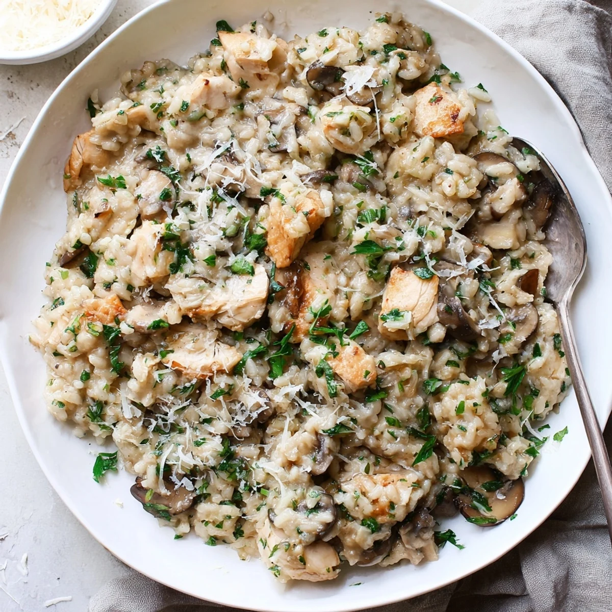 Golden chicken pieces nestled in a rich, cheesy mushroom risotto served in a white bowl