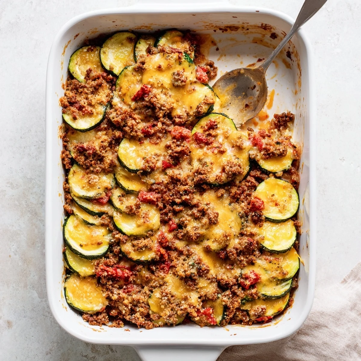 Golden cheesy beef zucchini casserole fresh from the oven with bubbling melted cheese topping