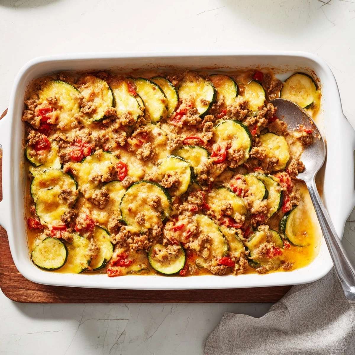 Hearty cheesy beef zucchini casserole served family style with tender zucchini layers and ground beef