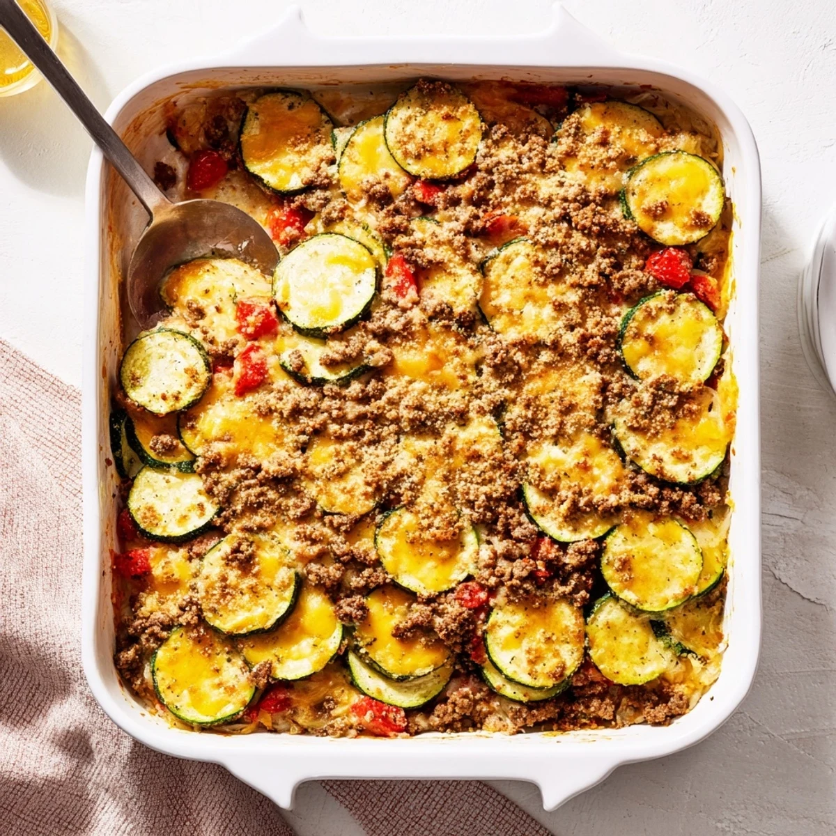 Baked cheesy beef zucchini casserole displaying golden brown crust and rich savory cheesy layers
