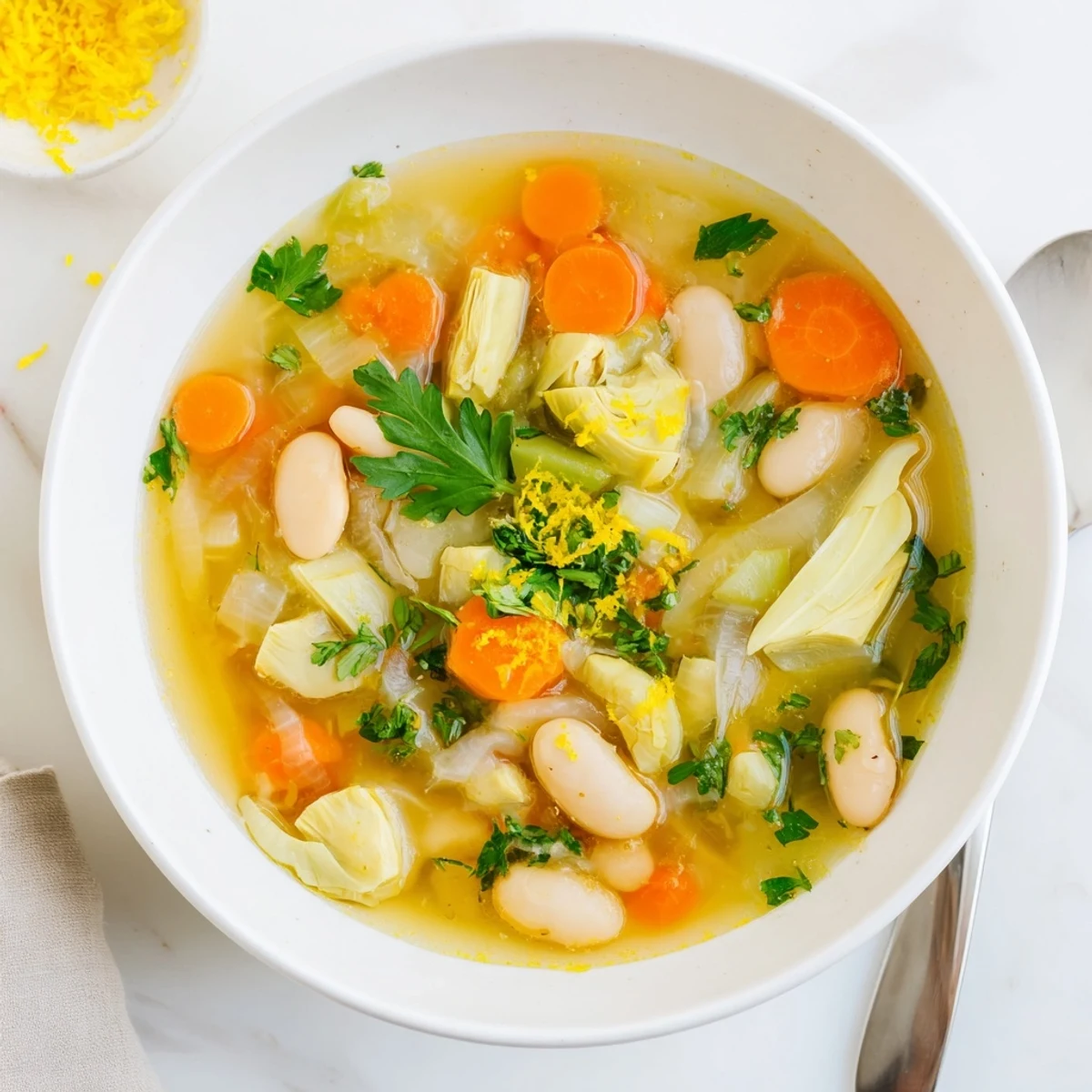 Steam rising from vibrant blended soup featuring tender artichokes, white beans, and bright citrus