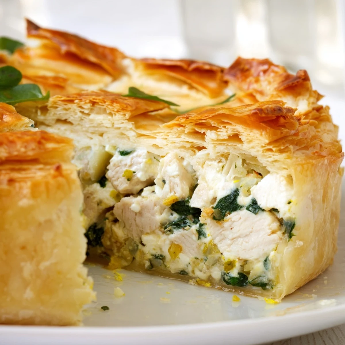 Savory chicken ricotta and herb pie sliced to reveal creamy herb filling