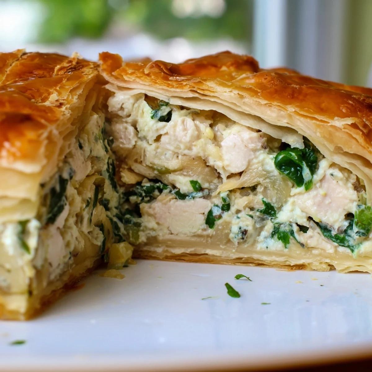 Golden rustic chicken ricotta and herb pie with flaky puff pastry crust