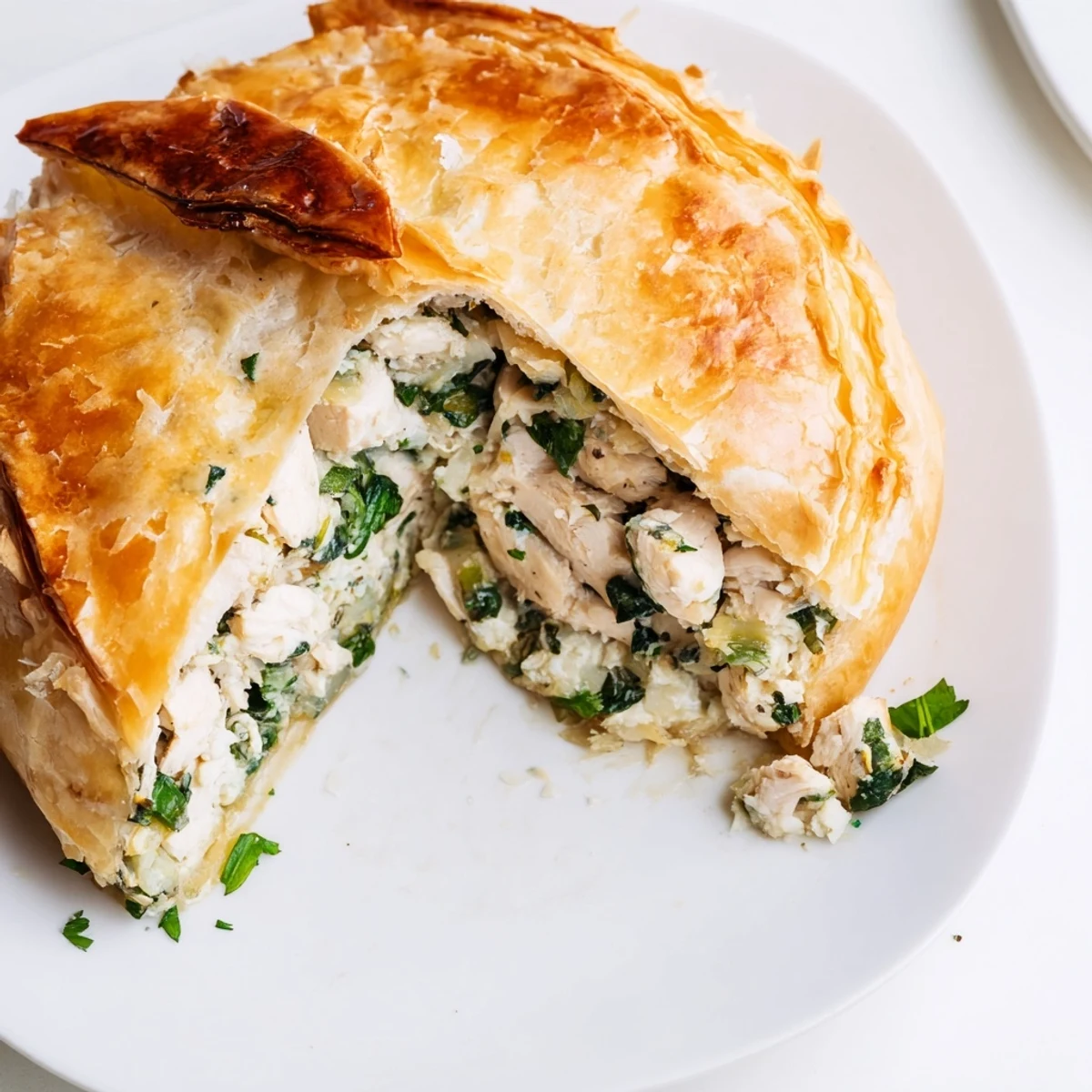Baked chicken ricotta and herb pie with golden pastry and fresh green herbs
