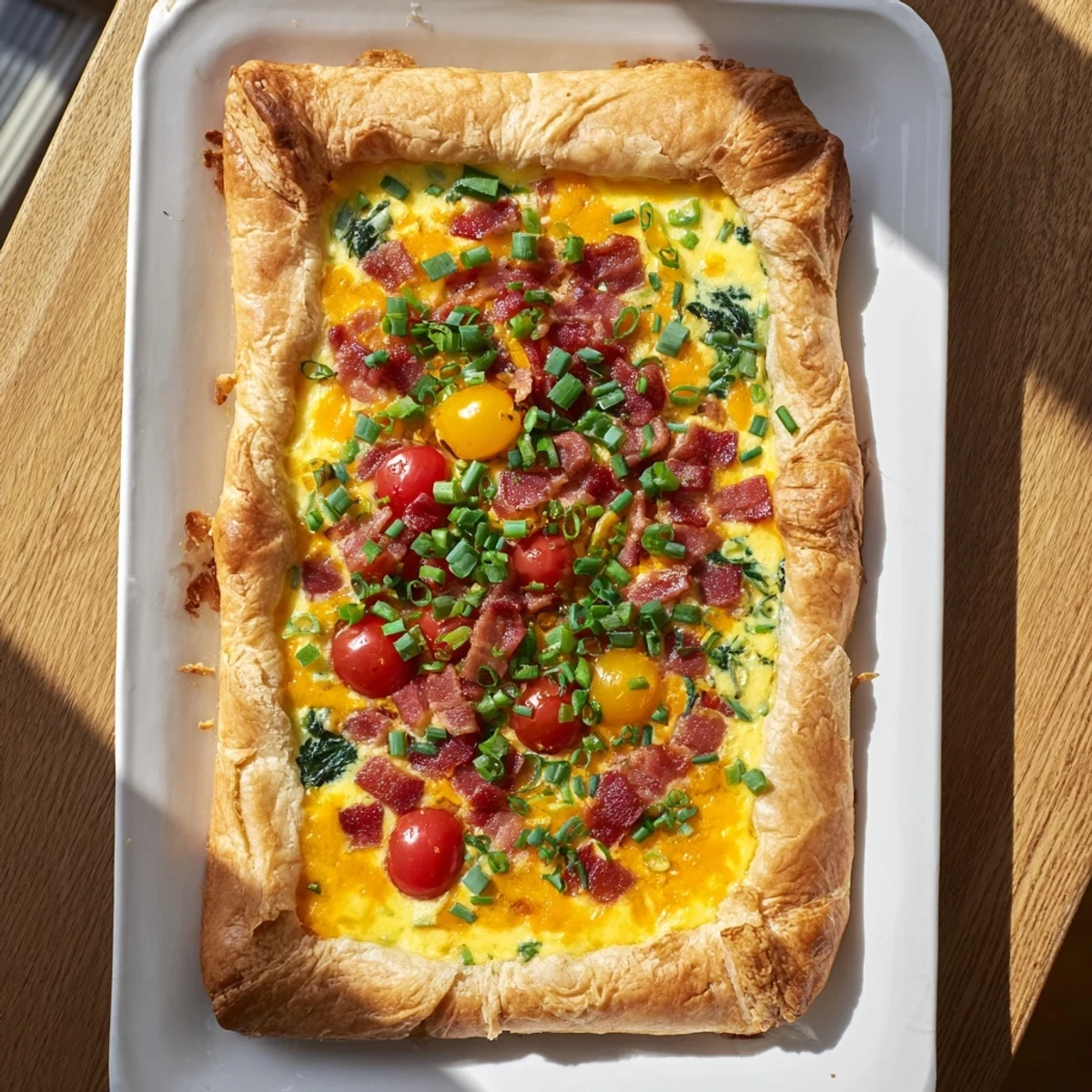 Golden flaky family breakfast tart topped with eggs, bacon, tomatoes and fresh chives on a wooden board