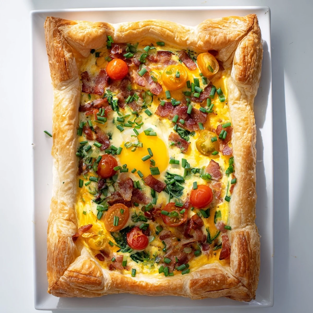 Sliced family breakfast tart revealing creamy egg filling with crispy bacon and melted cheddar cheese on a white plate