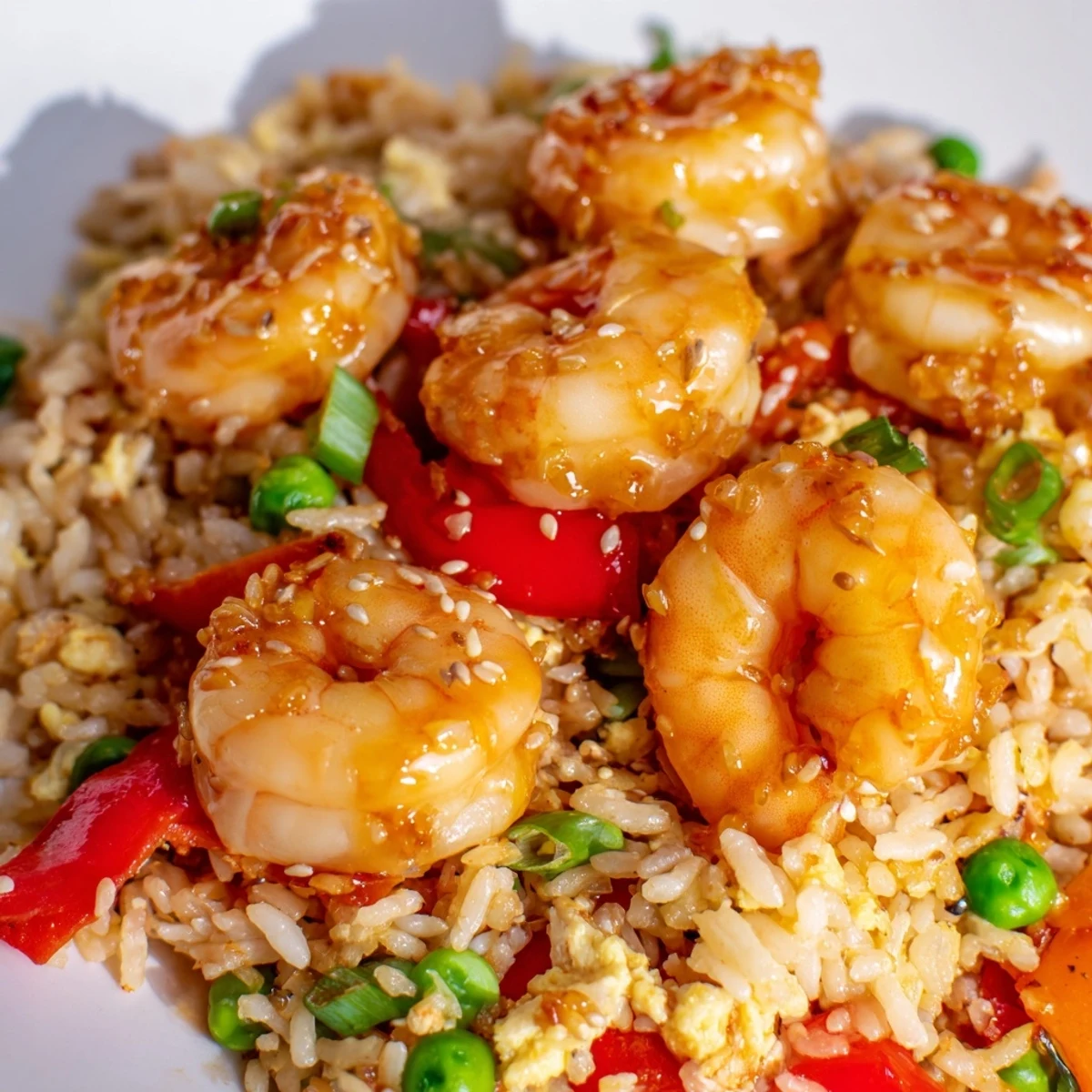 Golden garlic prawns served over colorful sweet chilli fried rice with vegetables