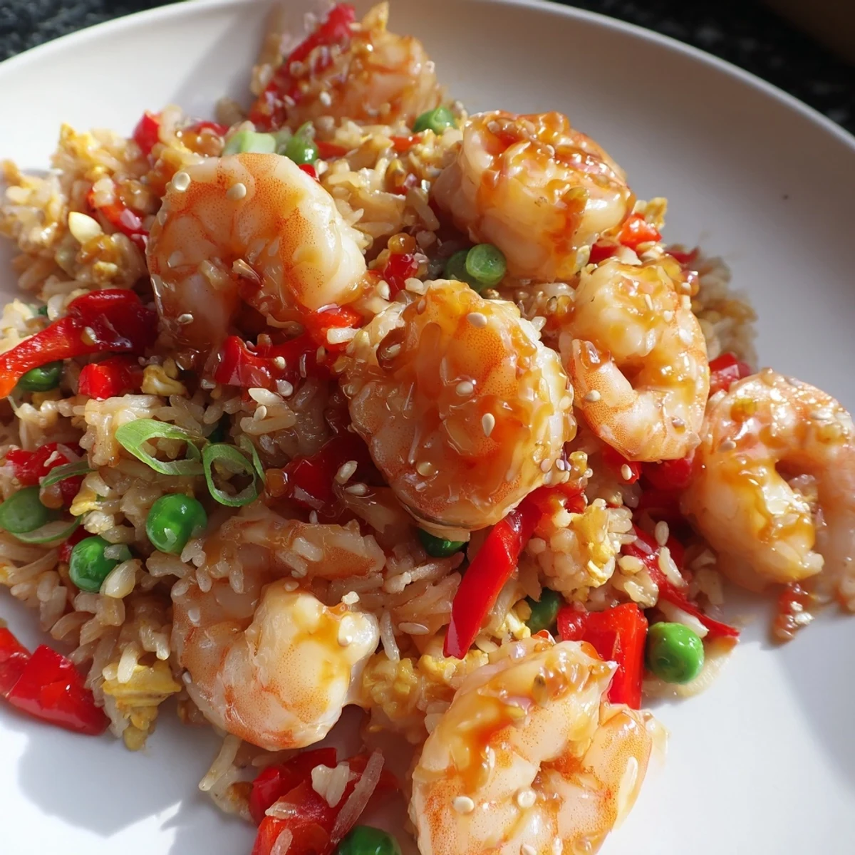 Plump buttery prawns atop fragrant jasmine rice tossed in sweet chilli glaze
