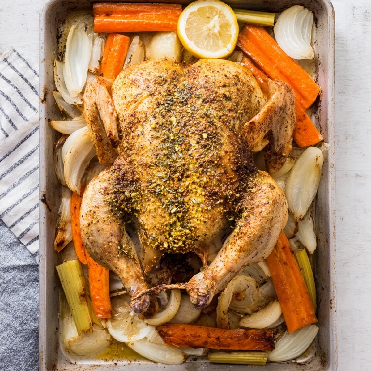 Whole roasted chicken seasoned with garlic and lemon served with roasted root vegetables