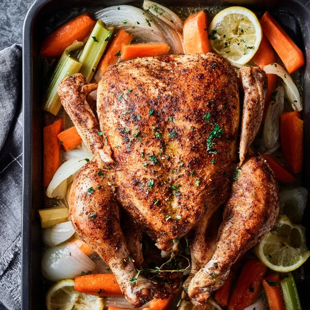 Mediterranean-style roast garlic and lemon chicken resting on a platter with fresh herbs