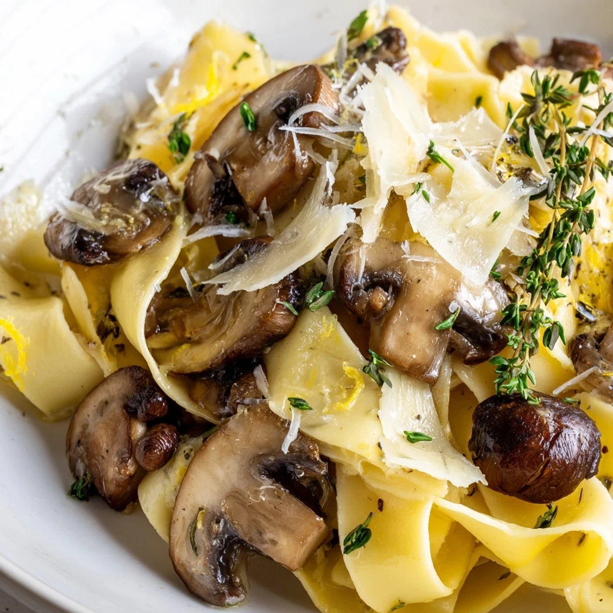 Golden sautéed mushrooms coat tender pappardelle pasta in rich garlic butter sauce with herbs