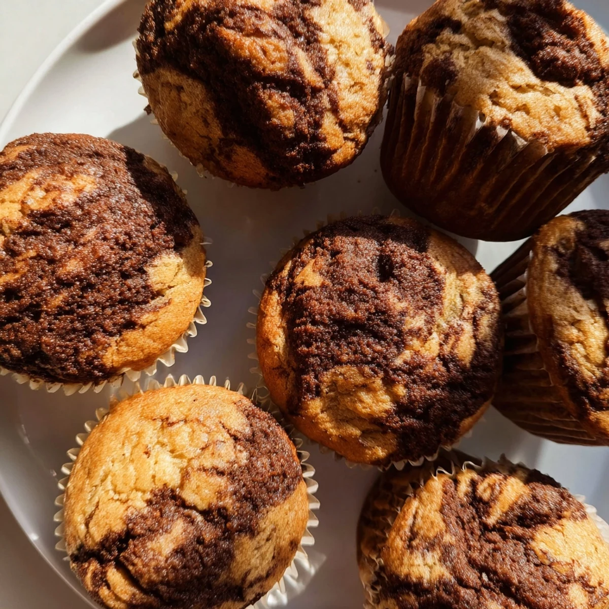 Golden brown Nutella banana muffins with chocolate swirls cooling on a wire rack