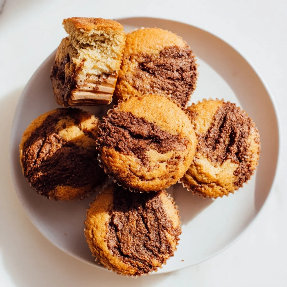Moist banana muffins topped with melted Nutella spirals served on a white plate