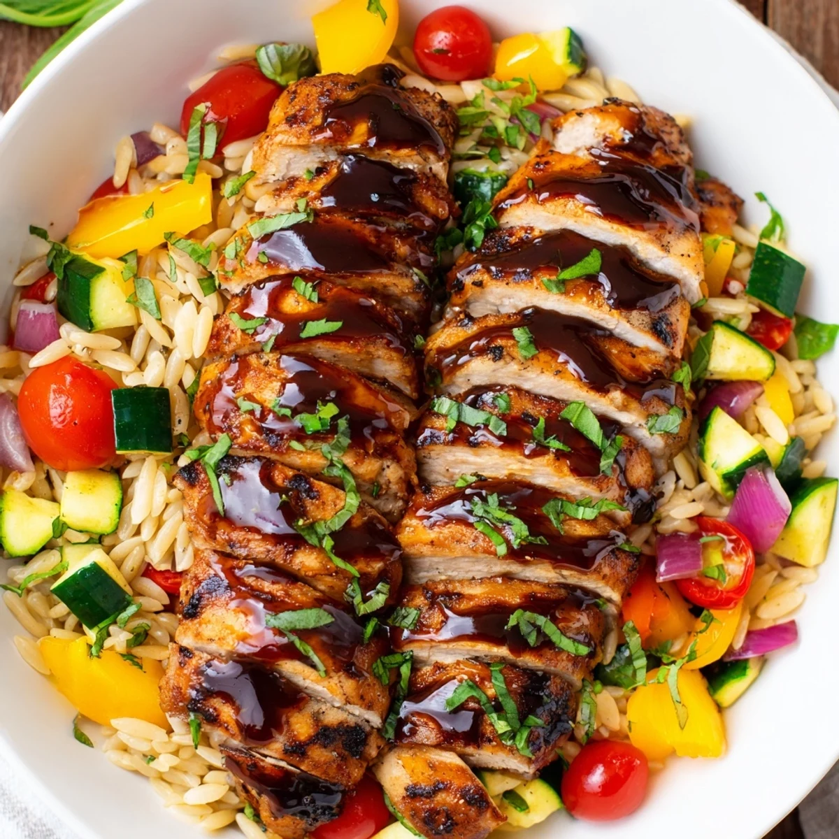 Golden balsamic chicken breast resting on a bed of orzo pasta with colorful roasted zucchini, bell peppers, and cherry tomatoes
