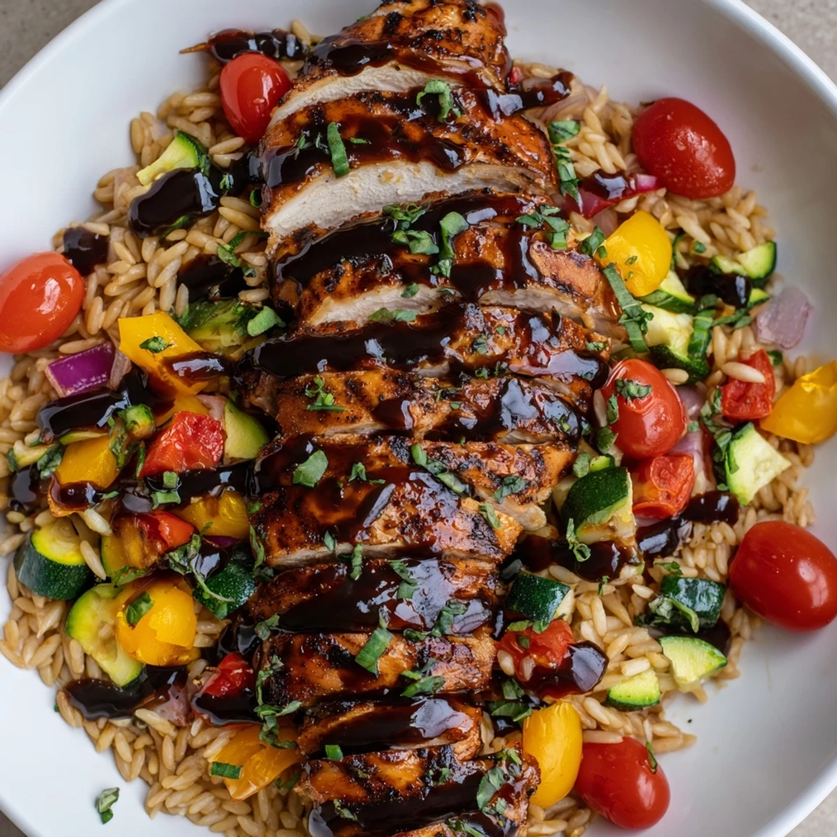 Tender glazed chicken slices arranged over Mediterranean-style orzo mixed with vibrant roasted vegetables and fresh green herbs