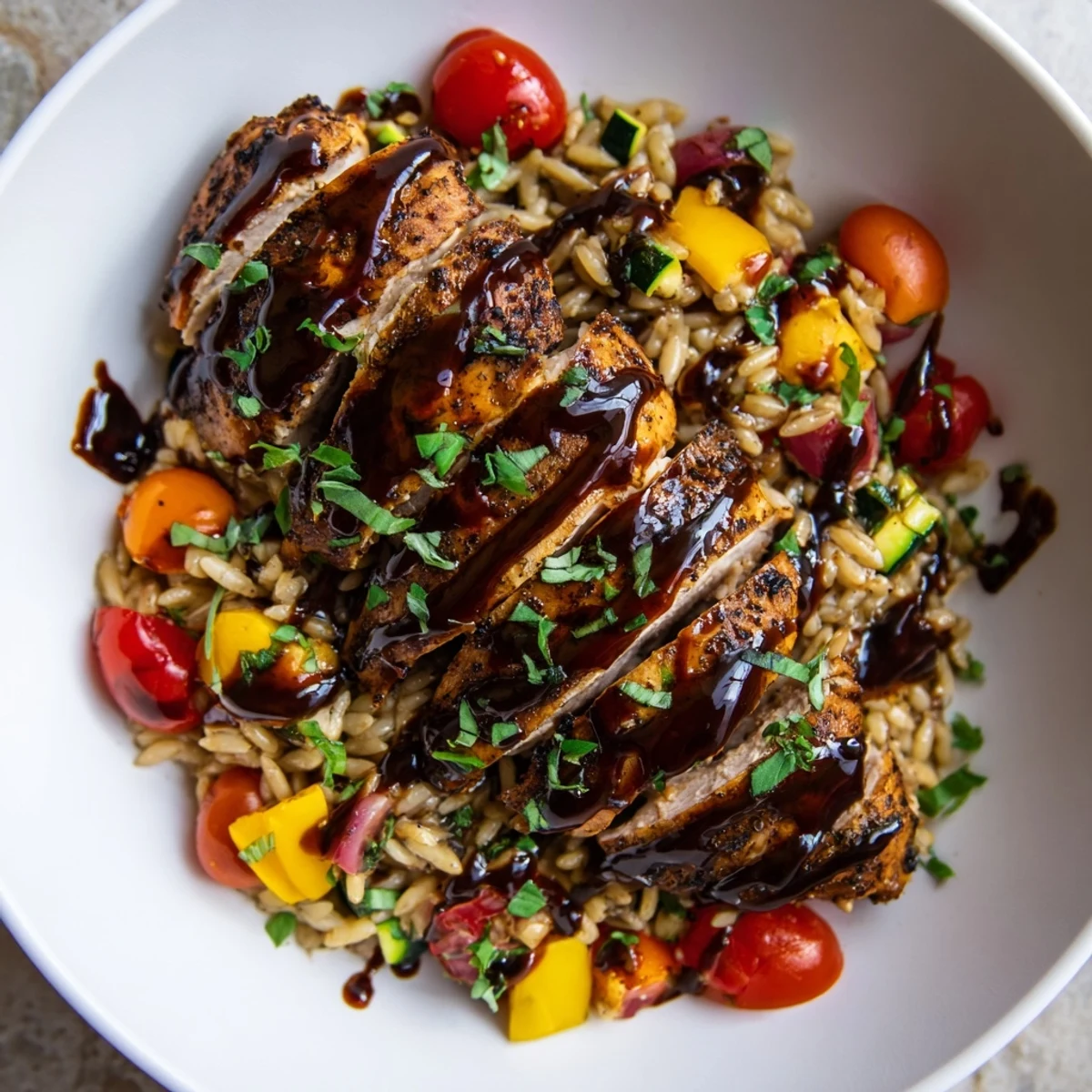 Balsamic-marinated chicken served atop herb-seasoned orzo pasta alongside tender roasted zucchini, red peppers, and cherry tomatoes