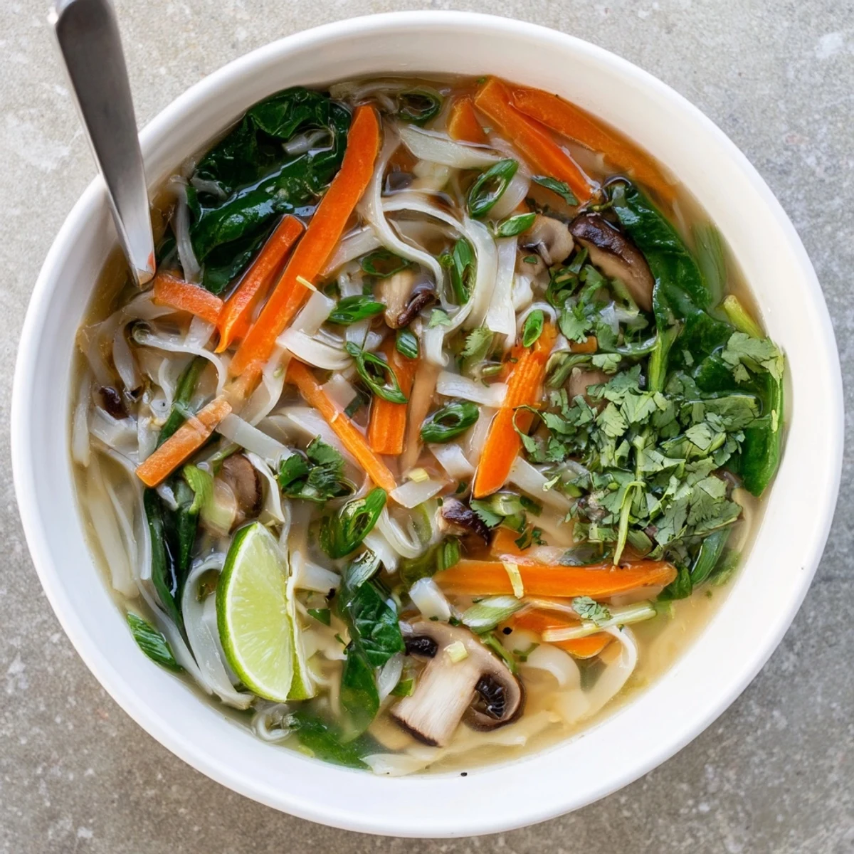 Rustic wooden table featuring comforting Asian-inspired soup with tender noodles vegetables and lime wedges