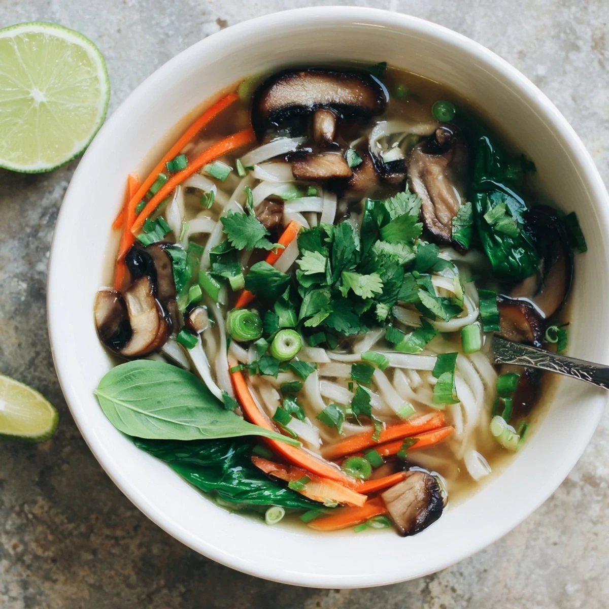 Golden aromatic ginger garlic noodle soup with spinach mushrooms and herbs in white bowl