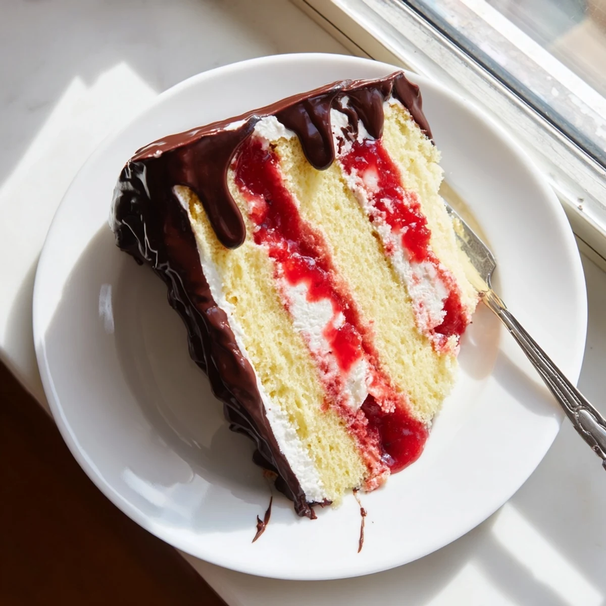 Elegant strawberry chocolate shell cake featuring crackling chocolate shell over vanilla sponge and strawberry jam.